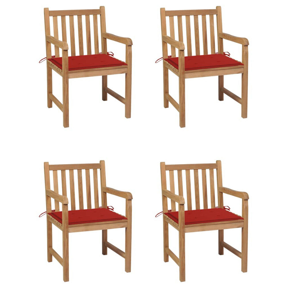 vidaXL Trädgårdsstolar med röda dynor 4 st massiv teak