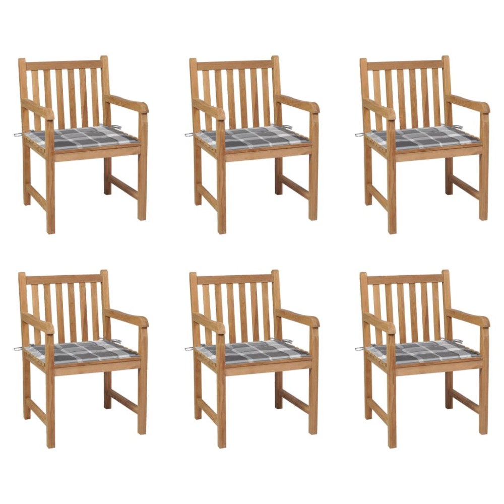vidaXL Trädgårdsstolar med grårutiga dynor 6 st massiv teak