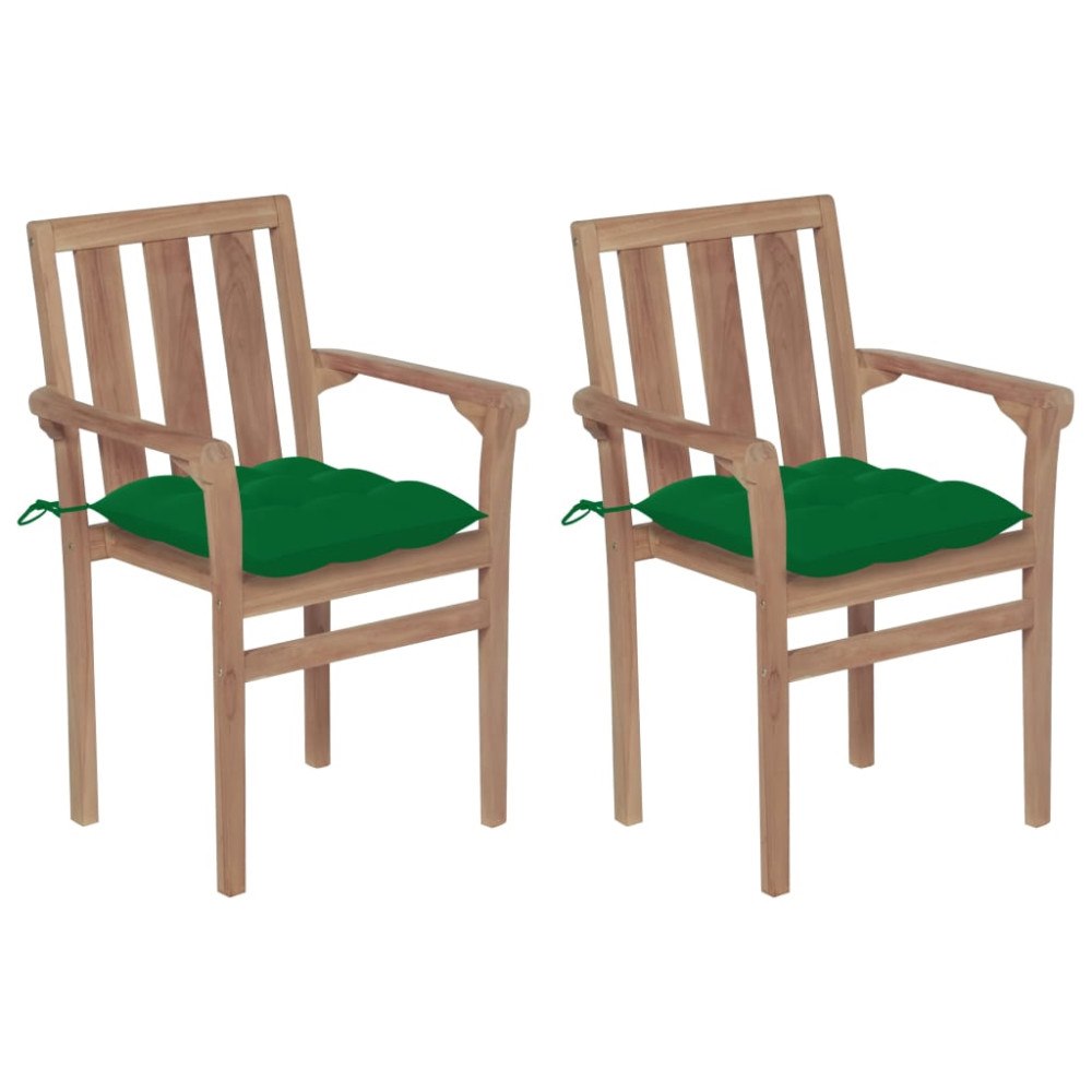 vidaXL Trädgårdsstolar 2 st med gröna dynor massiv teak