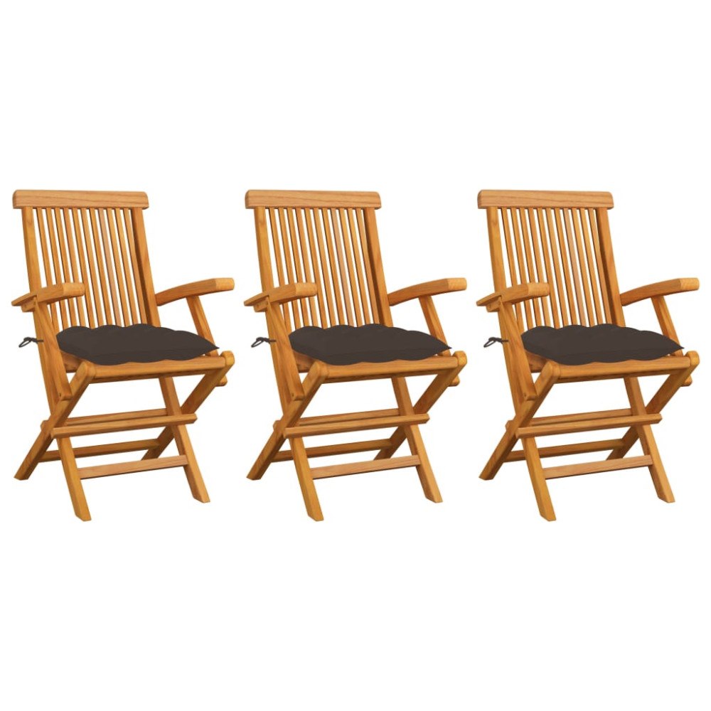vidaXL Trädgårdsstolar med dynor taupe 3 st massiv teak