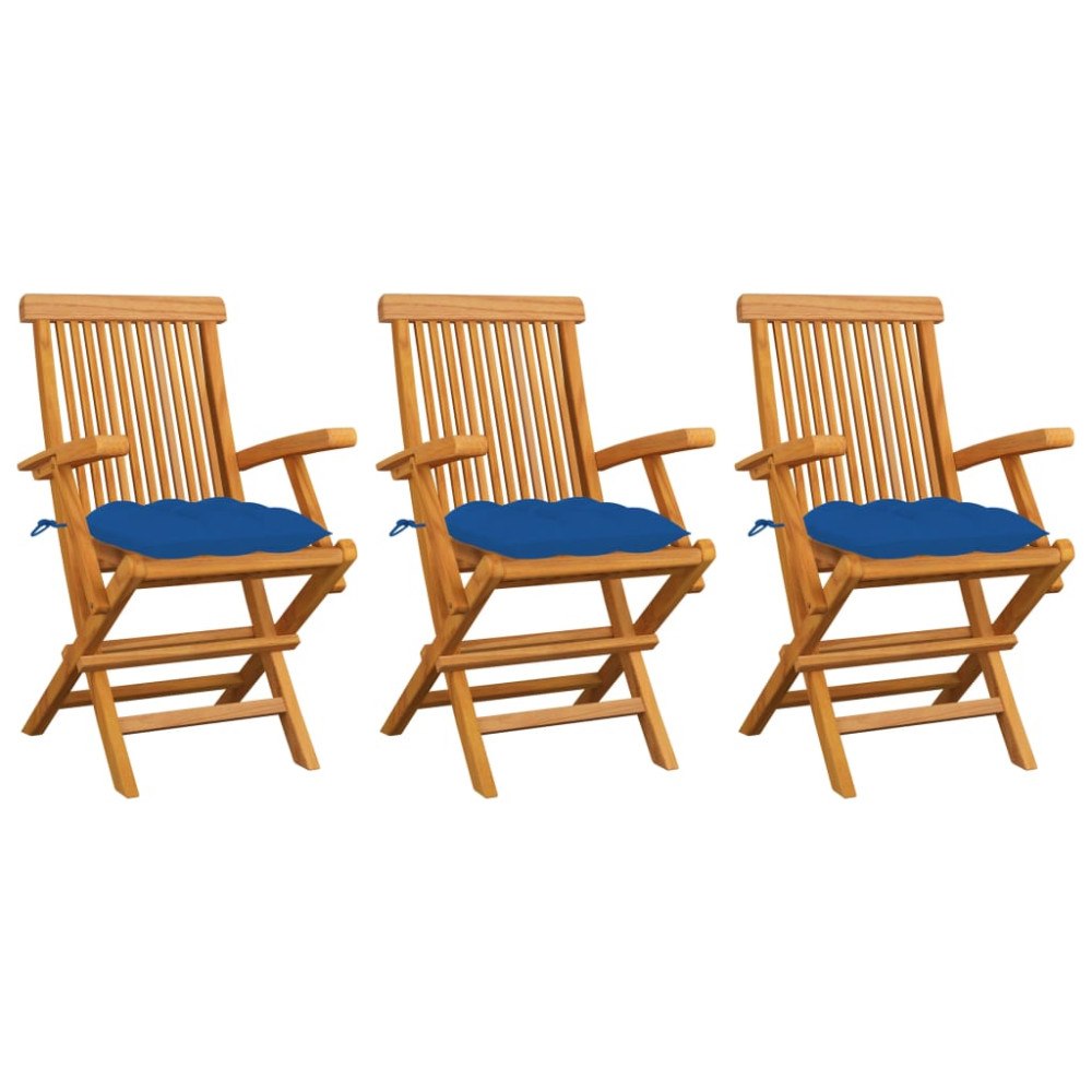 vidaXL Trädgårdsstolar med blåa dynor 3 st massiv teak
