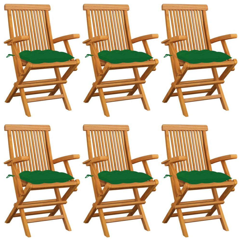 vidaXL Trädgårdsstolar med gröna dynor 6 st massiv teak