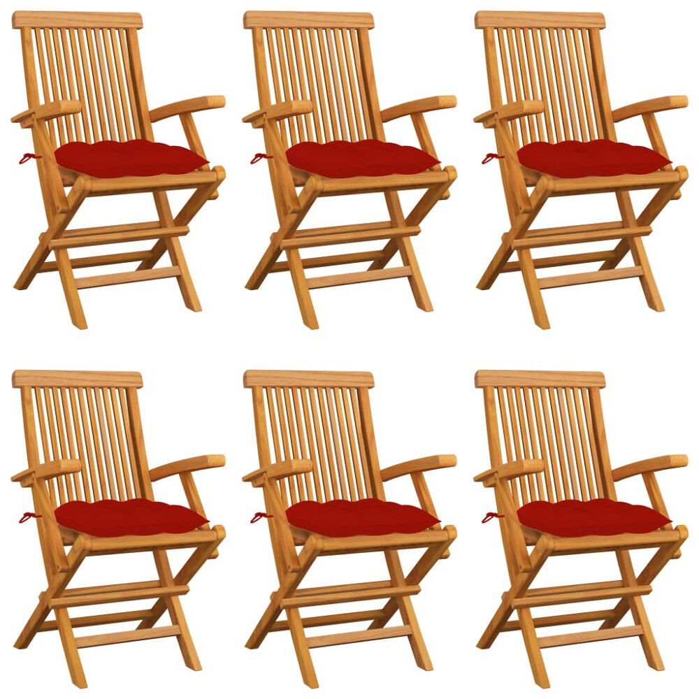 vidaXL Trädgårdsstolar med röda dynor 6 st massiv teak