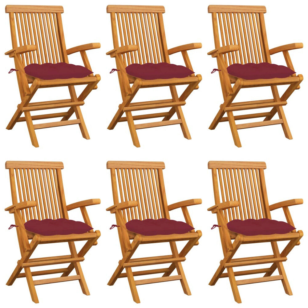 vidaXL Trädgårdsstolar med vinröda dynor 6 st massiv teak