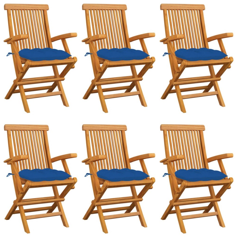 vidaXL Trädgårdsstolar med blåa dynor 6 st massiv teak