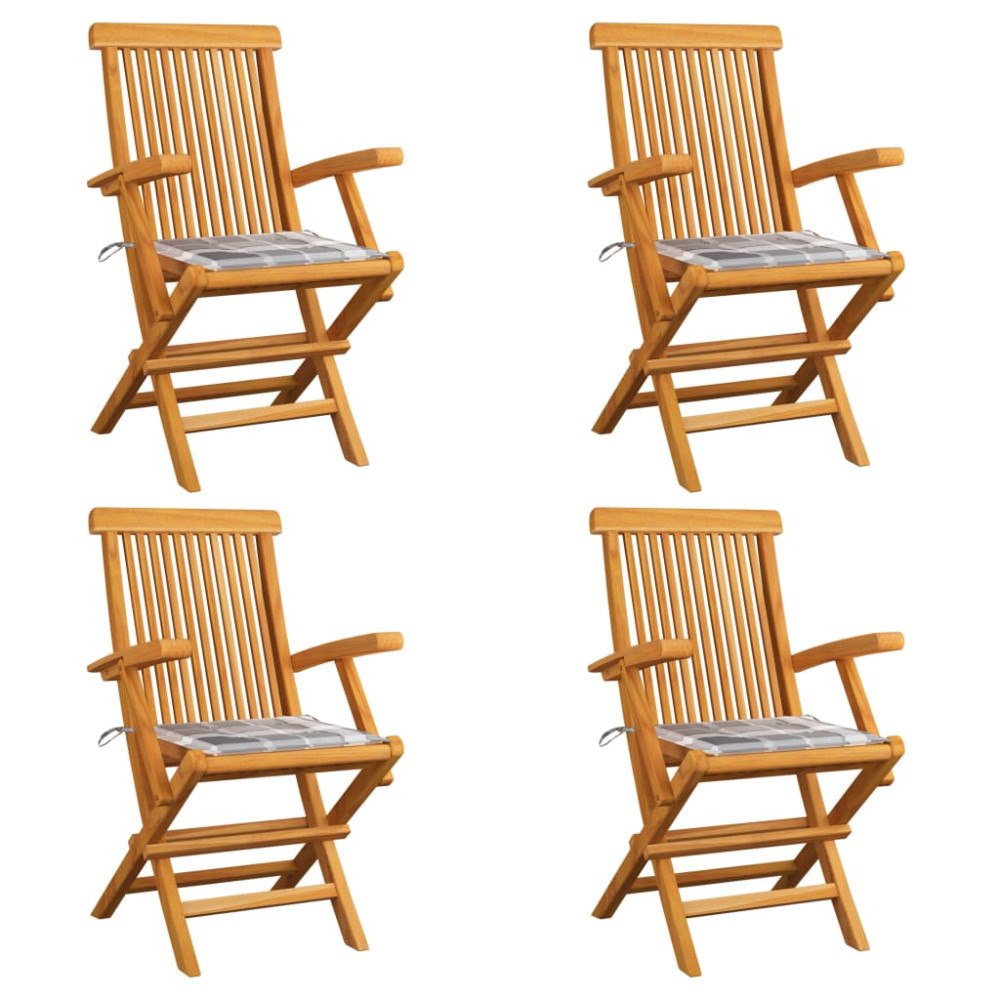 vidaXL Trädgårdsstolar med dynor grått rutmönster 4 st massiv teak