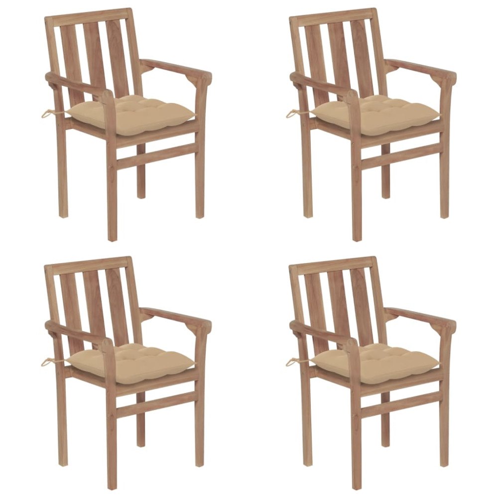 vidaXL Stapelbara trädgårdsstolar med dynor 4 st massiv teak