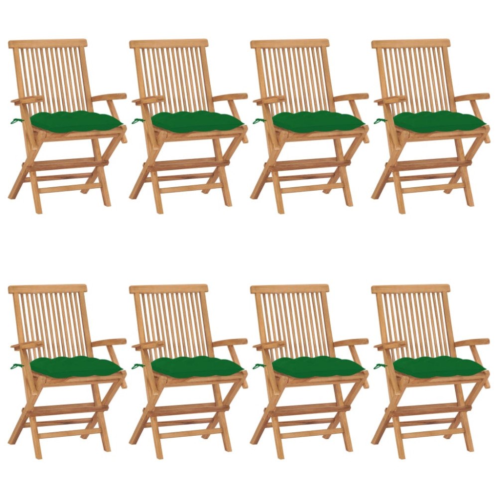 vidaXL Trädgårdsstolar med gröna dynor 8 st massiv teak