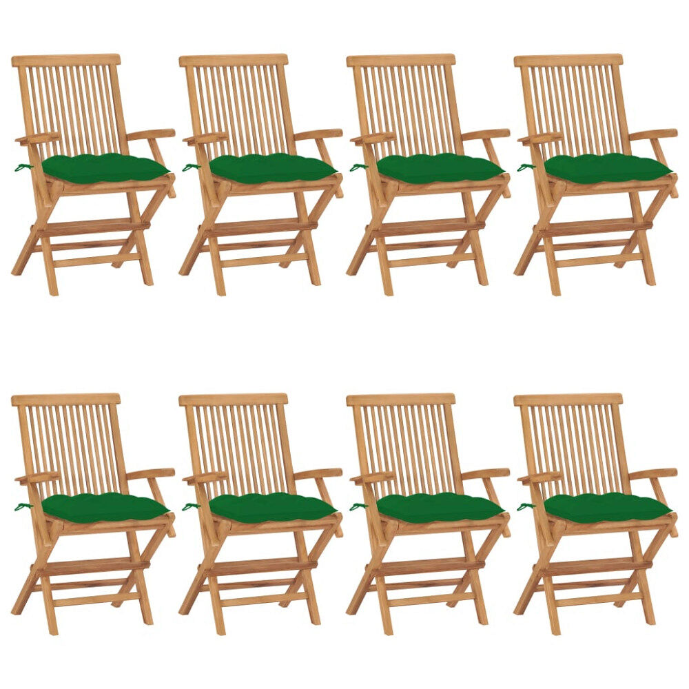 vidaXL Trädgårdsstolar med gröna dynor 8 st massiv teak