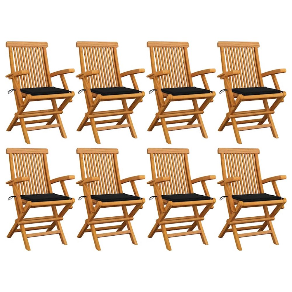 vidaXL Trädgårdsstolar med svarta dynor 8 st massiv teak