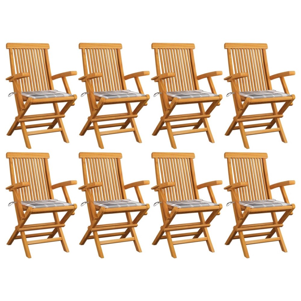 vidaXL Trädgårdsstolar med dynor grått rutmönster 8 st massiv teak
