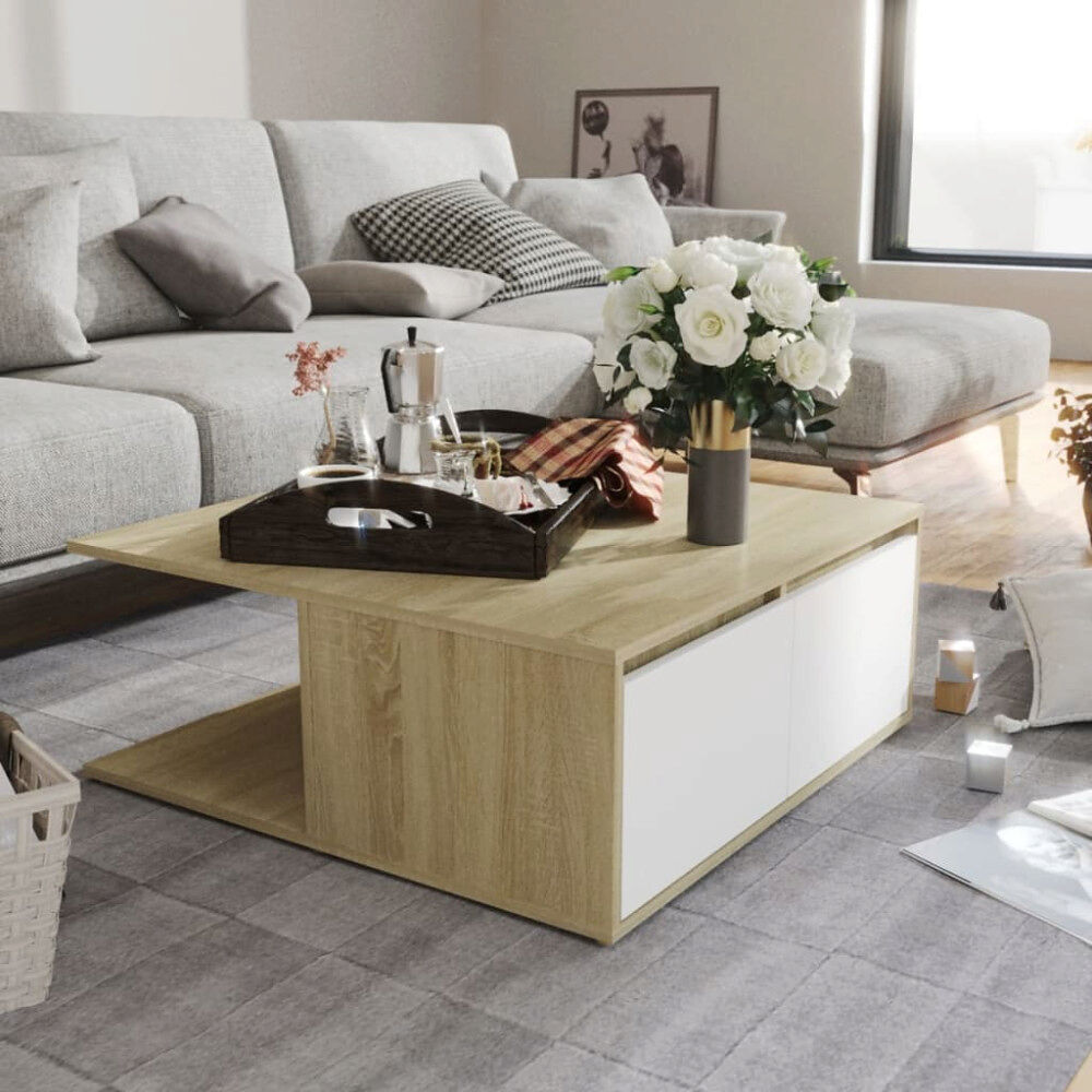 vidaXL Soffbord vit och sonoma-ek 80x80x31 cm konstruerat trä