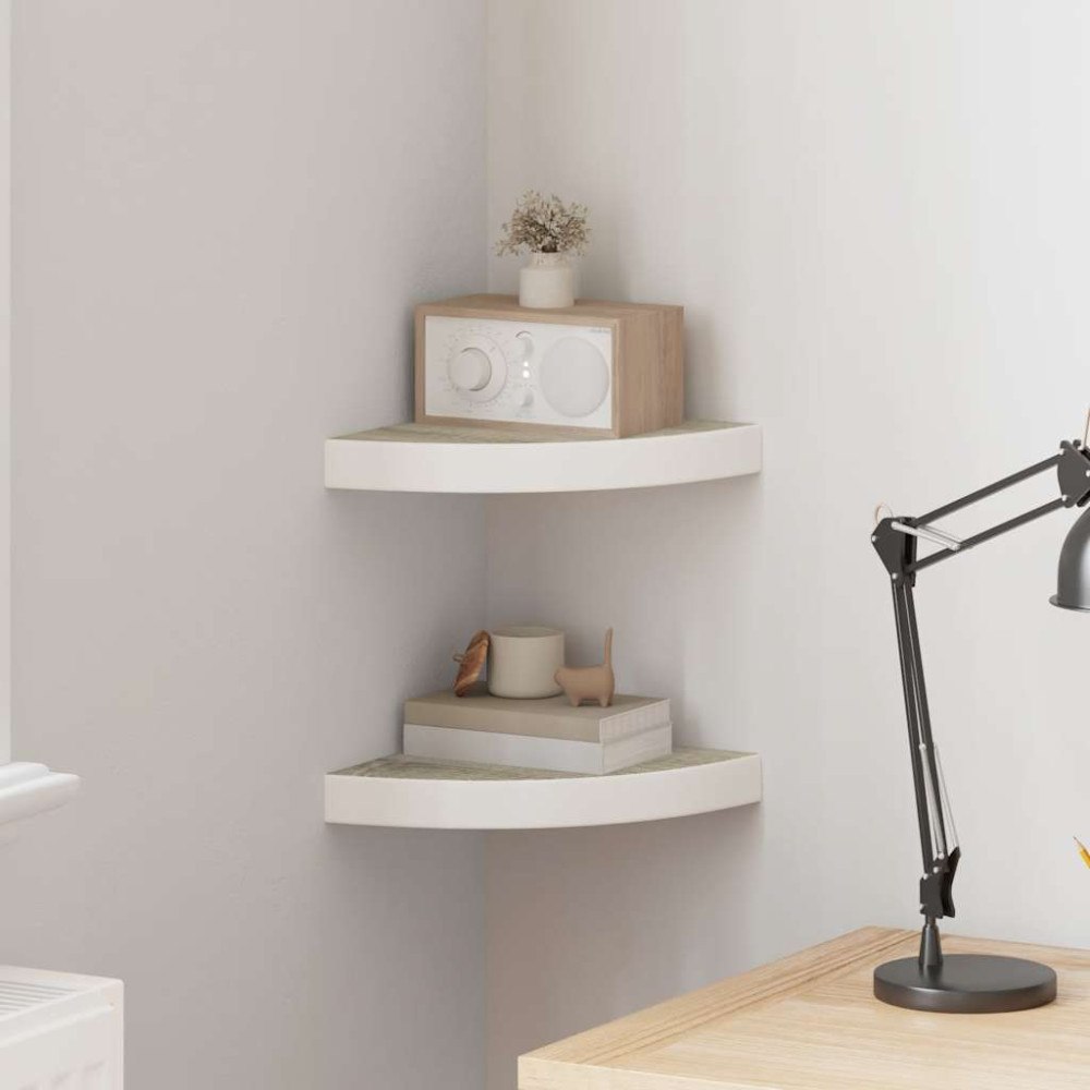 vidaXL Svävande hörnhyllor 2 st ek och vit 25x25x3,8 cm MDF