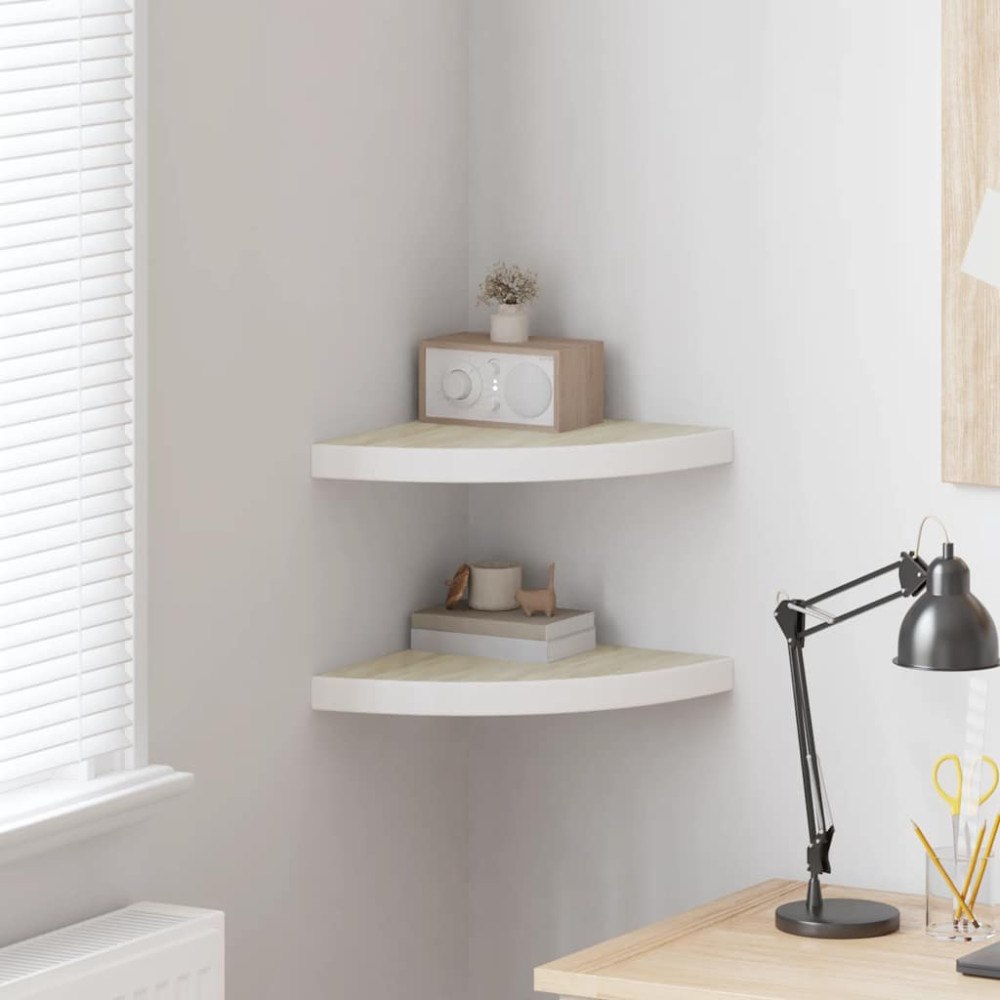 vidaXL Svävande hörnhyllor 2 st ek och vit 35x35x3,8 cm MDF