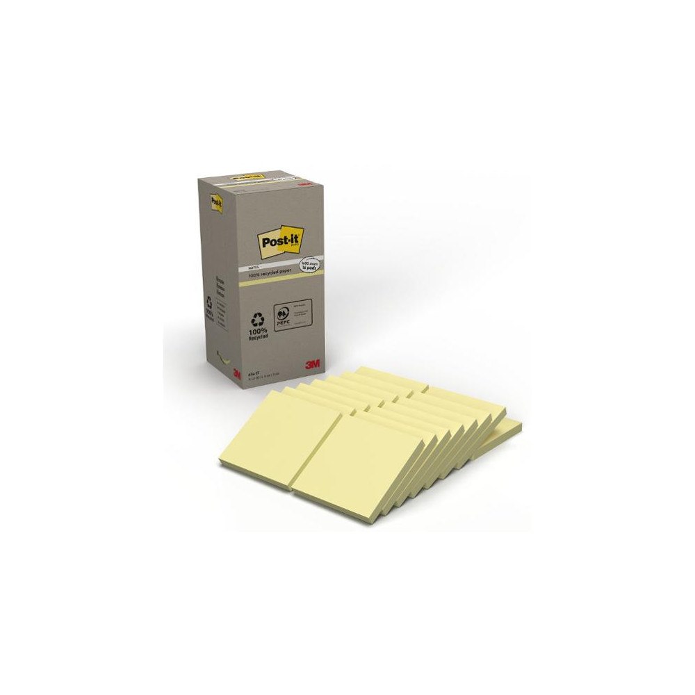Post-it Notes POST-IT 100% recy 76x76 gul 16/fp