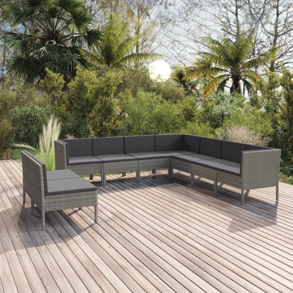 vidaXL Loungegrupp för trädgården med dynor 9 delar konstrotting grå