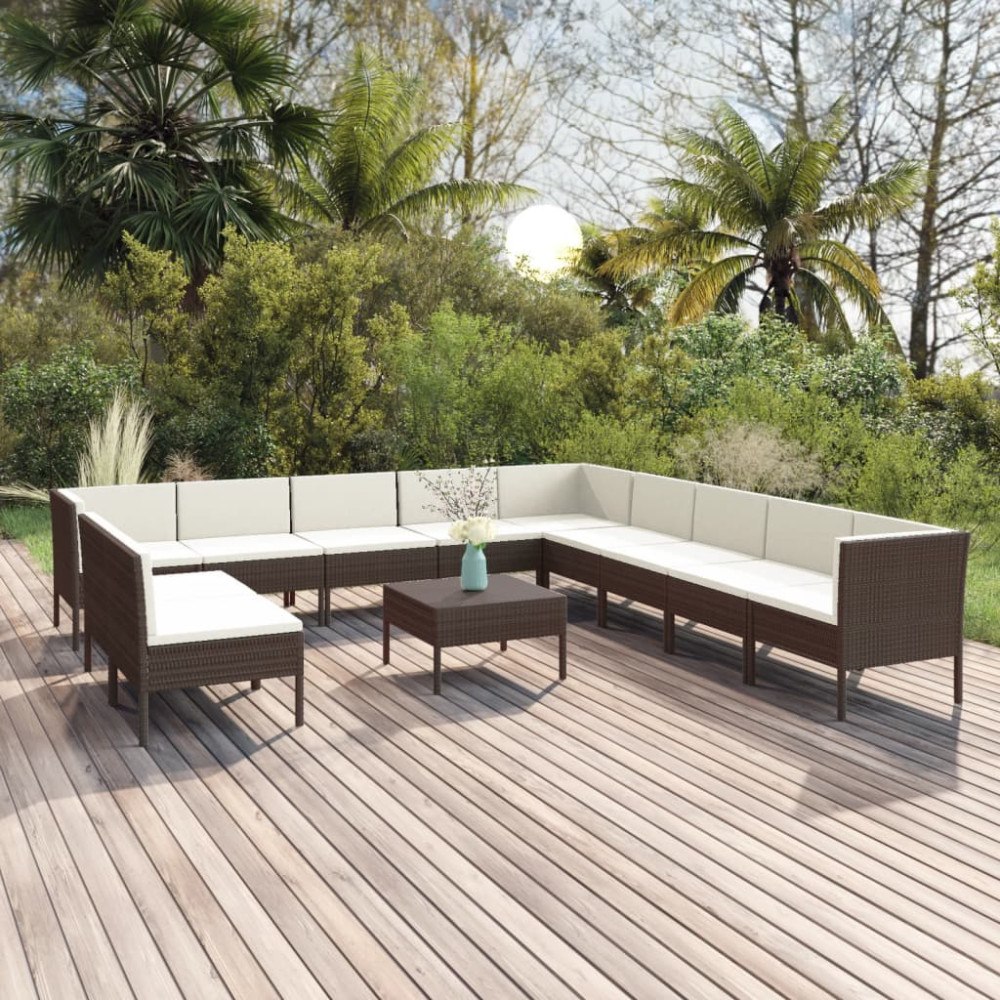 vidaXL Loungegrupp för trädgården med dynor 12 delar konstrotting brun