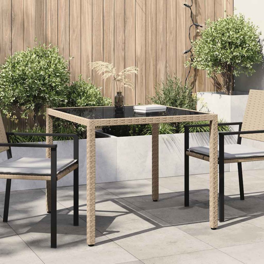 vidaXL Utebord 90x90x75 cm Härdat glas och konstrotting beige