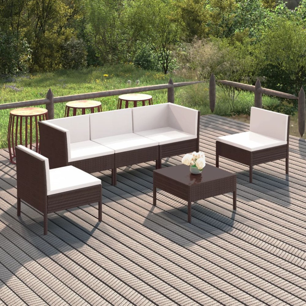 vidaXL Loungegrupp för trädgården med dynor 6 delar konstrotting brun