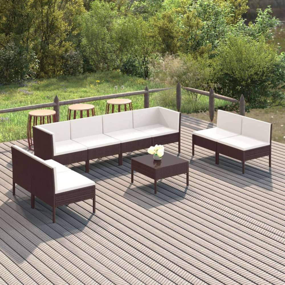 vidaXL Loungegrupp för trädgården med dynor 9 delar konstrotting brun