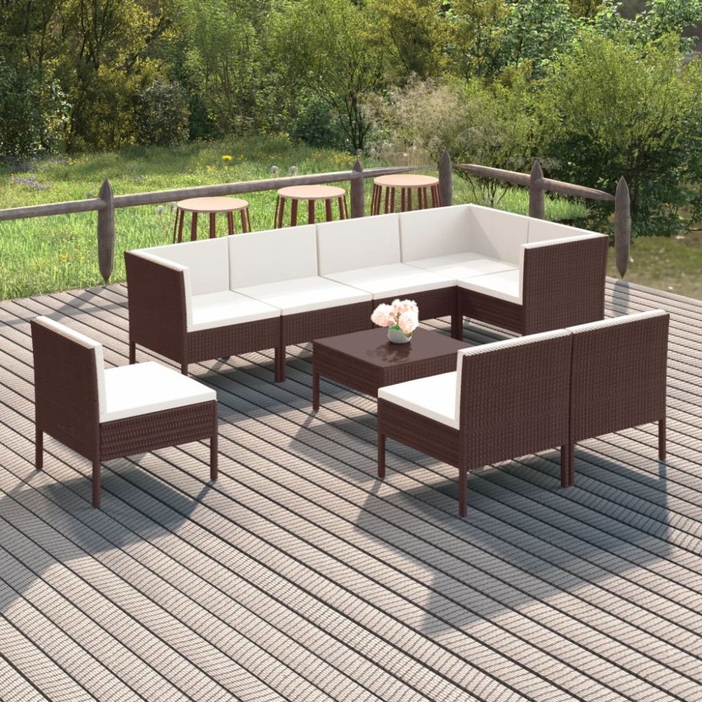 vidaXL Loungegrupp för trädgården med dynor 9 delar konstrotting brun