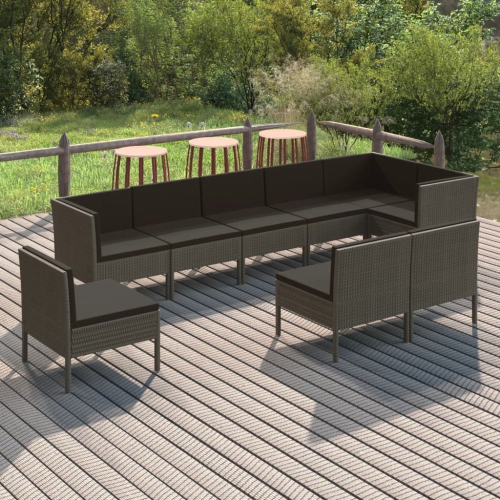 vidaXL Loungegrupp för trädgården med dynor 9 delar konstrotting grå