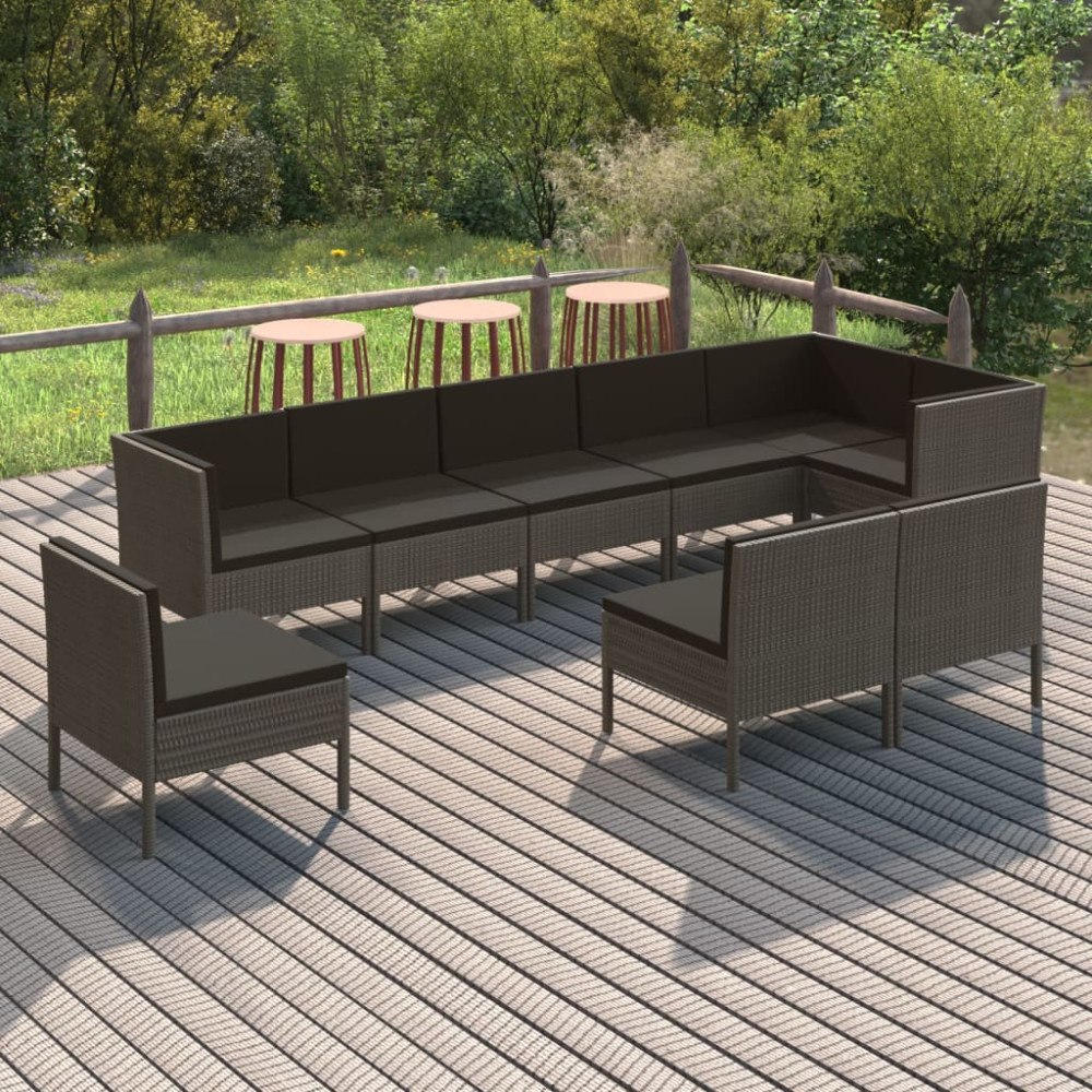 vidaXL Loungegrupp för trädgården med dynor 9 delar konstrotting grå