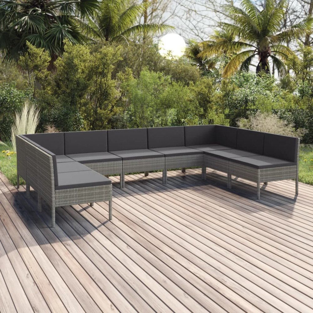 vidaXL Loungegrupp för trädgården med dynor 9 delar konstrotting grå