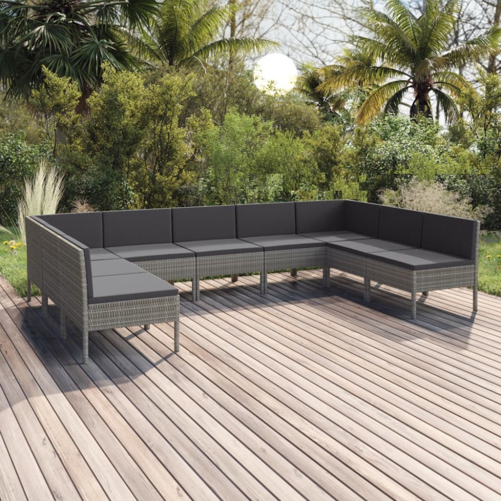 vidaXL Loungegrupp för trädgården med dynor 9 delar konstrotting grå