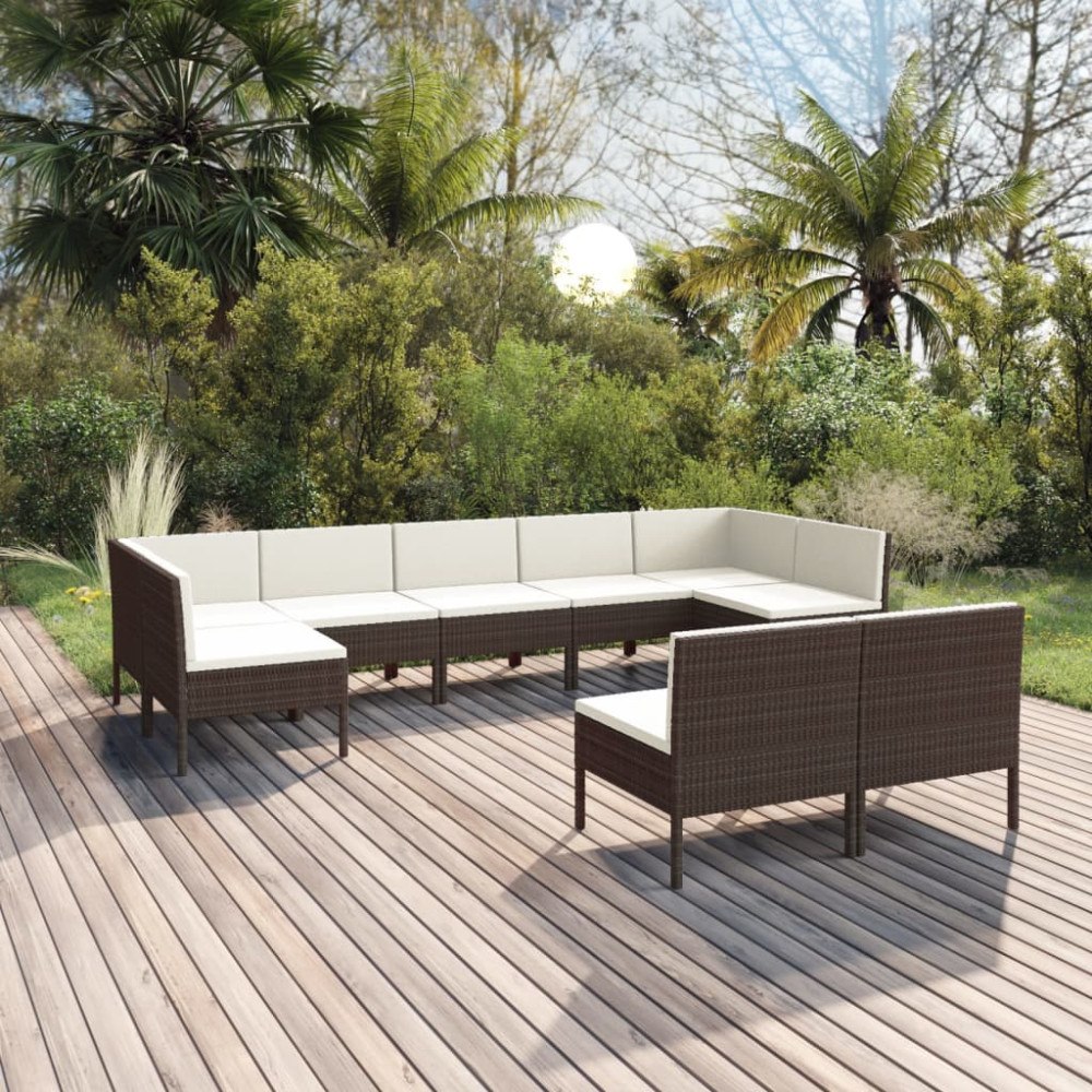 vidaXL Loungegrupp för trädgården med dynor 9 delar konstrotting brun