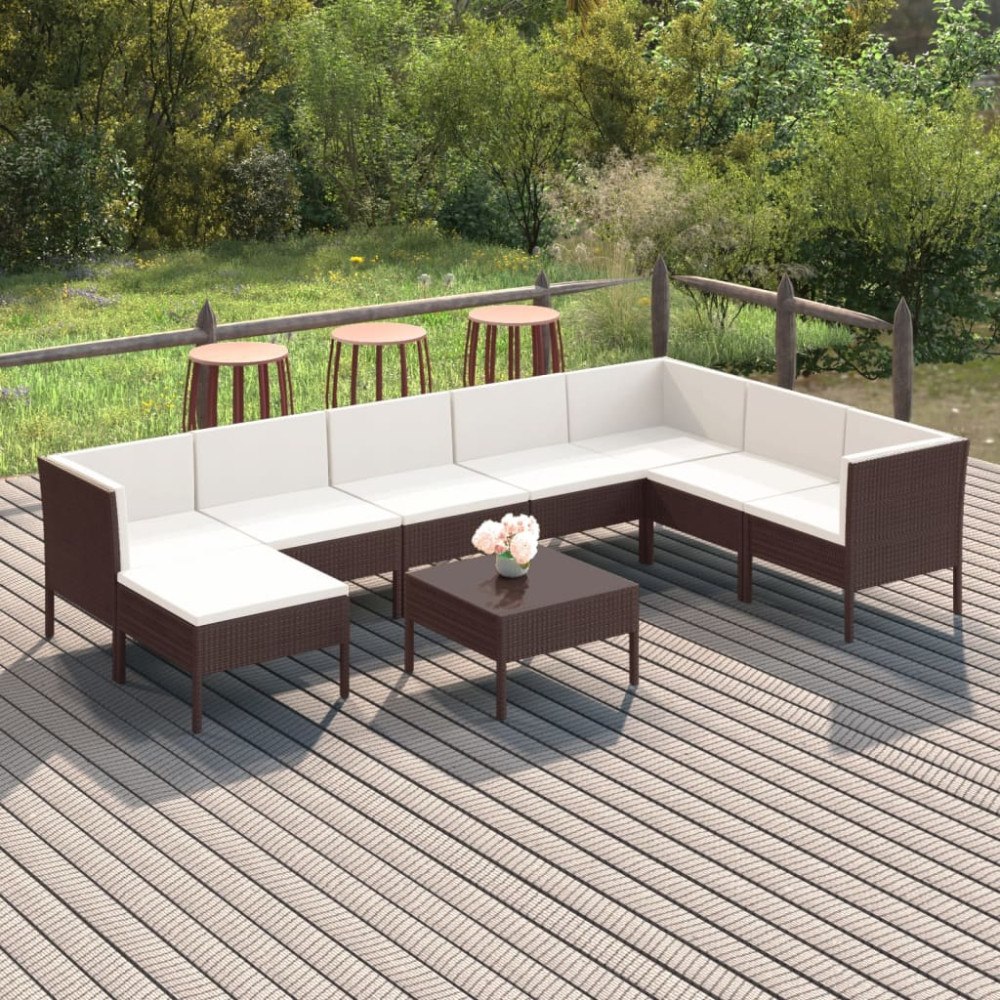 vidaXL Loungegrupp för trädgården med dynor 9 delar konstrotting brun