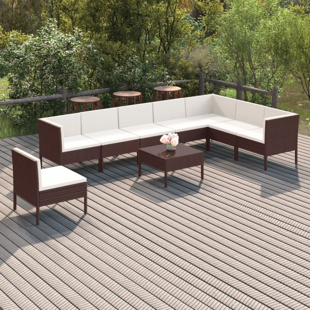vidaXL Loungegrupp för trädgården med dynor 9 delar konstrotting brun