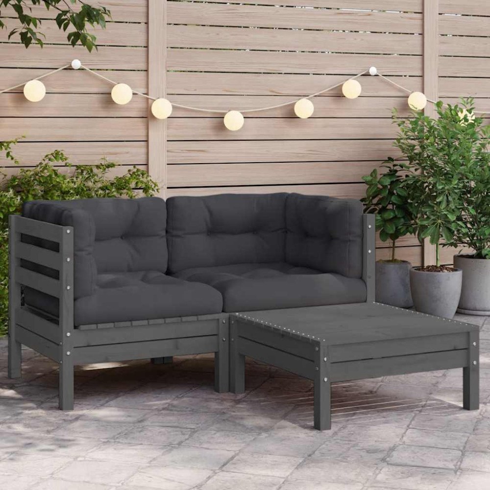 vidaXL Loungegrupp med grå dynor 3 delar massiv furu