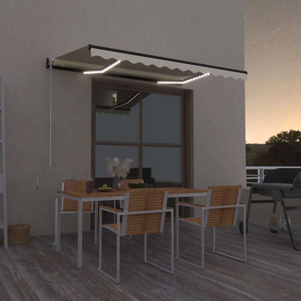 vidaXL Markis manuellt infällbar med LED 350x250 cm gräddvit
