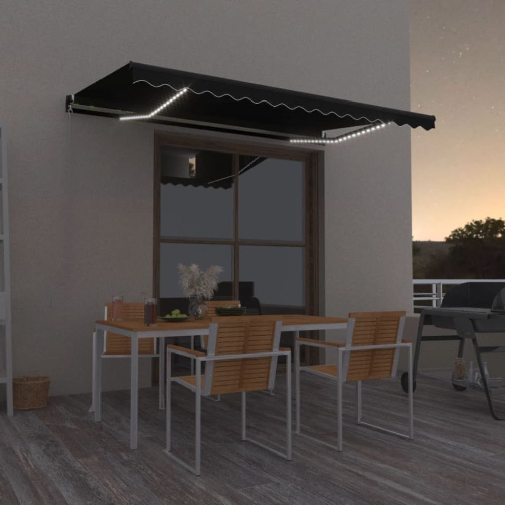 vidaXL Markis manuellt infällbar med LED 400x350 cm antracit