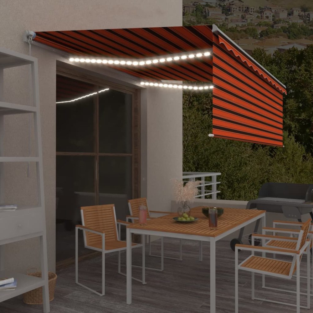 vidaXL Manuell markis med rullgardin och LED 4,5x3m orange/brun