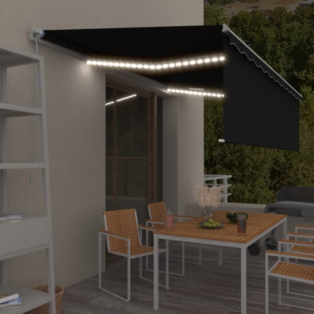 vidaXL Manuell markis med rullgardin och LED 5x3m antracit