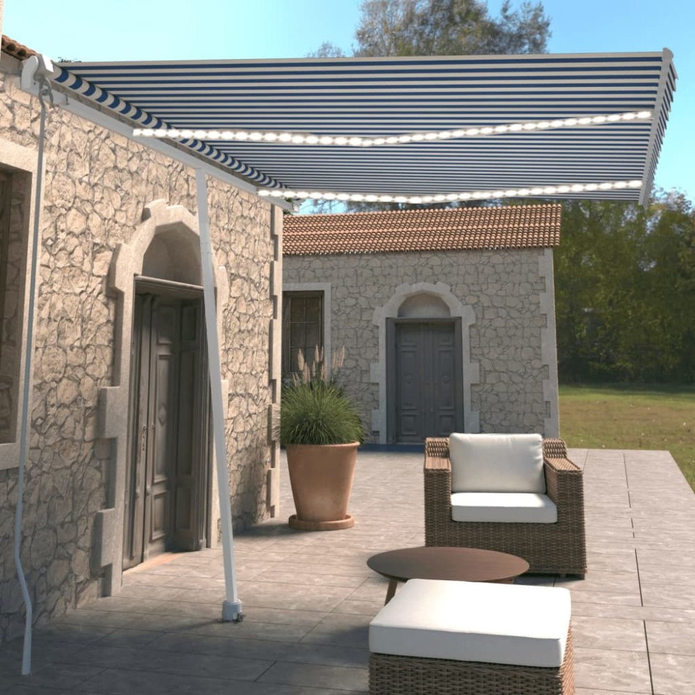 vidaXL Markis manuellt infällbar med LED 350x250 cm blå och vit