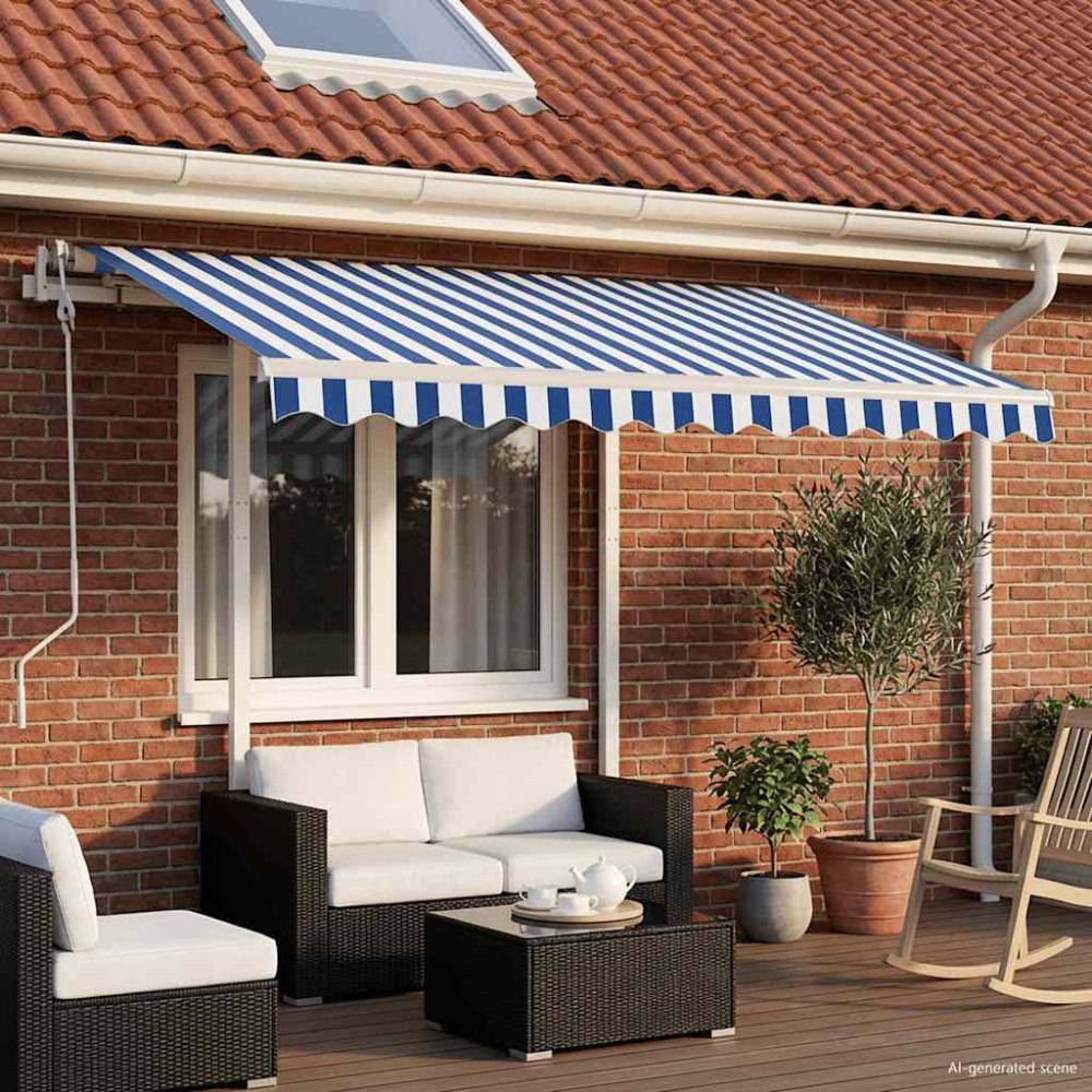 vidaXL Markis med stolpar manuellt infällbar 3x2,5 m blå och vit