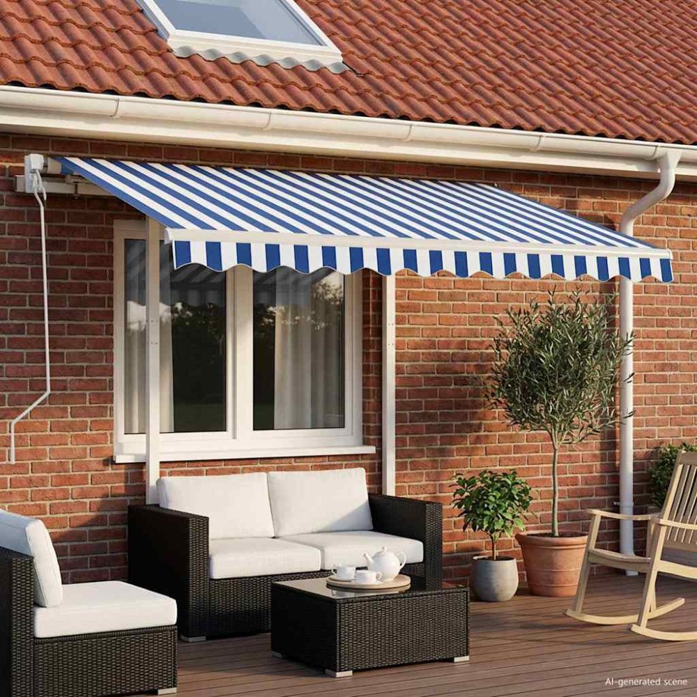 vidaXL Markis med stolpar automatisk infällbar 3,5x2,5 m blå och vit