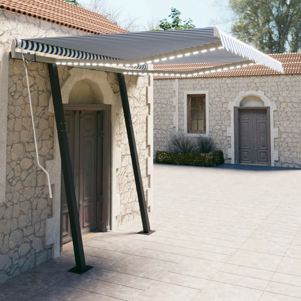 vidaXL Markis manuellt infällbar med LED 3x2,5 m blå och vit