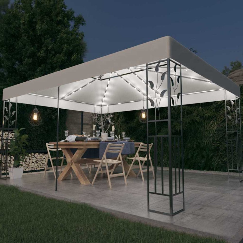 vidaXL Paviljong med dubbeltak och ljusslinga LED 3x4 m vit