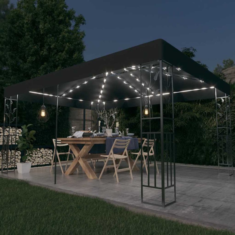 vidaXL Paviljong med dubbeltak och ljusslinga LED 3x4 m antracit