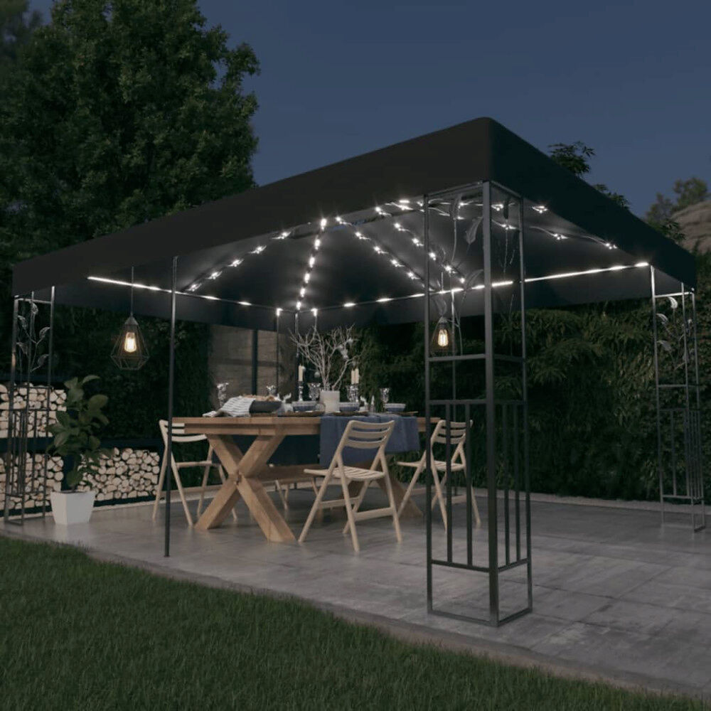 vidaXL Paviljong med dubbeltak och ljusslinga LED 3x4 m antracit