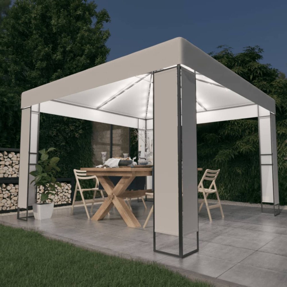 vidaXL Paviljong med dubbeltak och ljusslinga LED 3x3 m vit