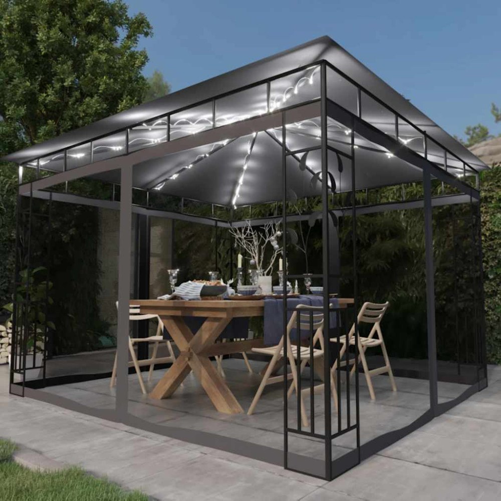 vidaXL Paviljong med myggnät och ljusslinga LED 3x3x2,73m antracit