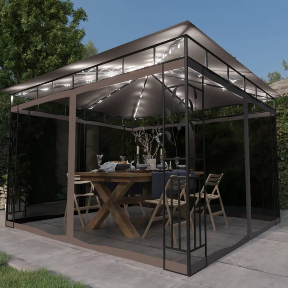 vidaXL Paviljong myggnät och ljusslinga LED 3x3x2,73 m taupe 180 g/m²