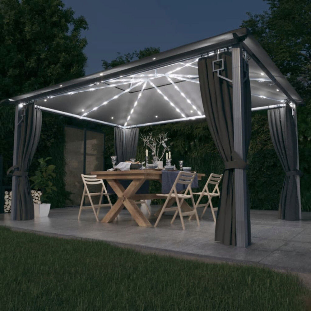 vidaXL Paviljong med gardin & ljusslinga LED 4x3 m antracit aluminium