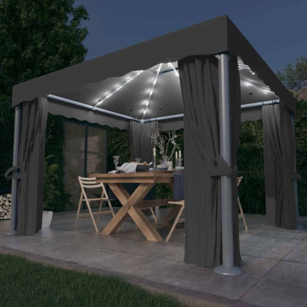 vidaXL Paviljong med draperi och ljusslinga LED 3x3 m antracit