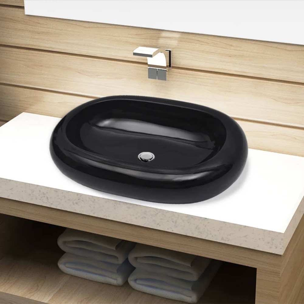 vidaXL Handfat svart keramisk oval